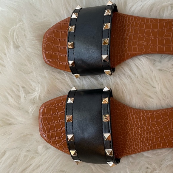 Black Gold Studded Slide Sandals - Picture 5 of 15
